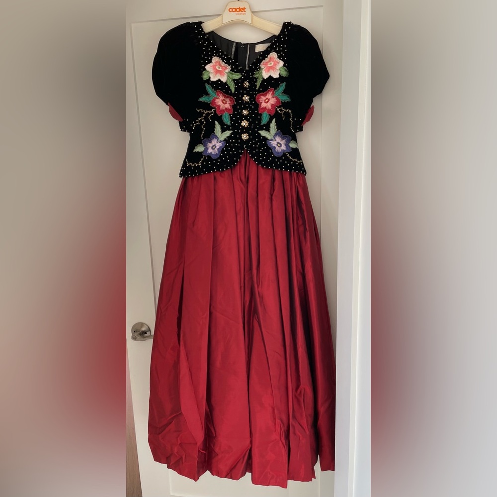 Vintage Black Velvet and Burgundy Satin Beaded and Embroidered Floor Length Gown